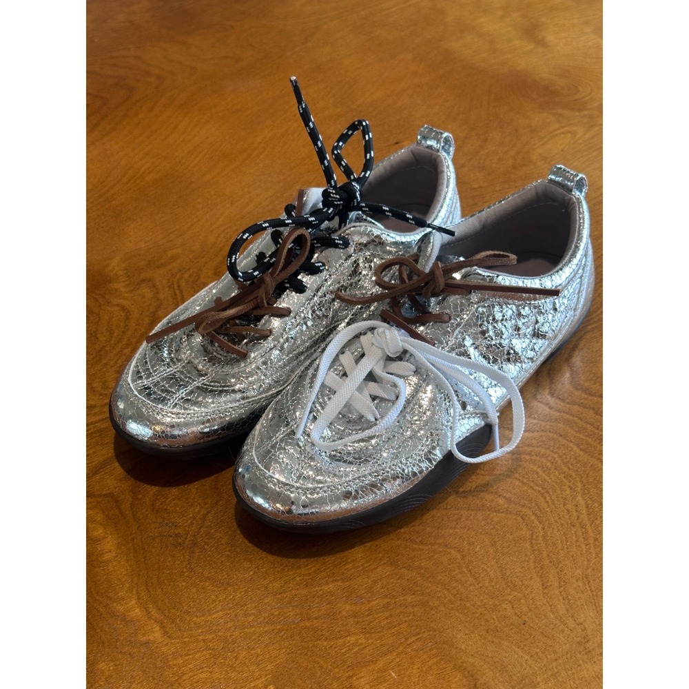Zara Metallic Silver Crackle Sneakers Low Top Driving Sole Multi Laces Size 38